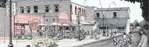 Design rendering of Commerce Street alley with outdoor restaurant seating and pedestrians